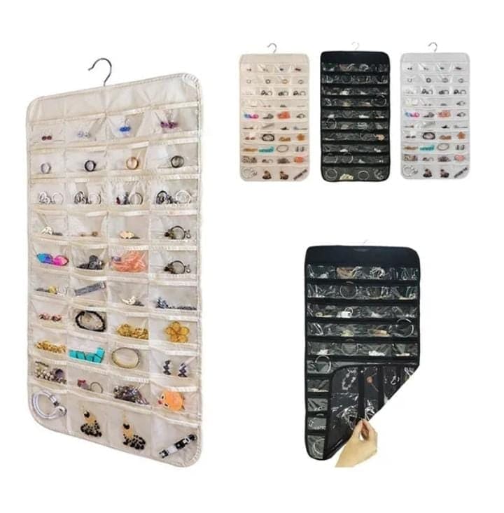 72 Pocket Hanging Organizer, Double Sided Hanging Display Storage Bag, Transparent Window Jewelry Bag, Dust-proof Foldable Bag, Multifunction Wardrobe Storage Holder Bag with Hook, Dual Sided Jewellery Carrier