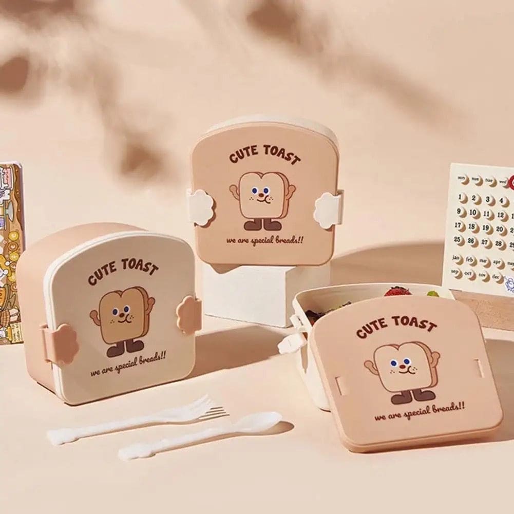 Square Toast Lunch Box, Plastic Partition Bento Box with Lid, Kids School Lunch Box, Snack Food Storage Container, 3 Grids Lunch Box with Cutlery, Cartoon Toast Pattern Students Bento Case for School Office