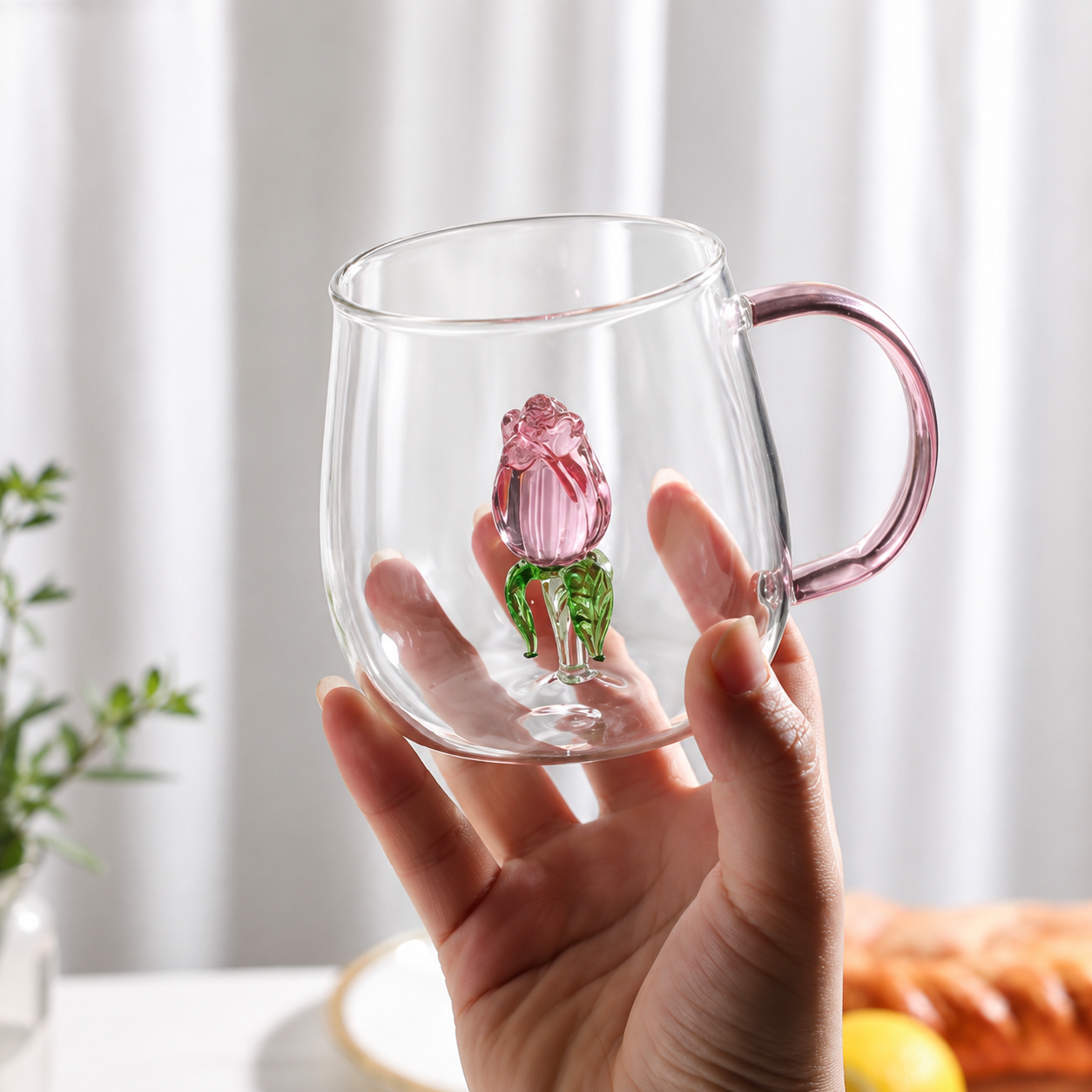 Elegant 3D Rose Glass Coffee Mug, Vintage Floral Glass Coffee Mug, Pink Floral Borosilicate Glass Mug, Floral Crystal Glass Mug with Pink Handle