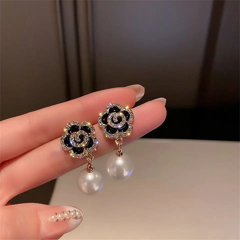 Black Rose Pearl Earring, Luxury's Imitation Flower Pearl Earring, Elegant Charm Flower Dangler Drop Earrings, Adolph Trending Rose Flower Drop Earring Jewellery