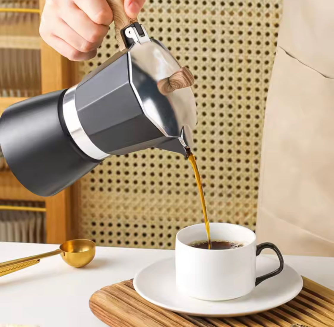 Manual Espresso Coffee Maker With Wooden Handle, Italian Espresso Brewer, Durable Mocha Maker Pot