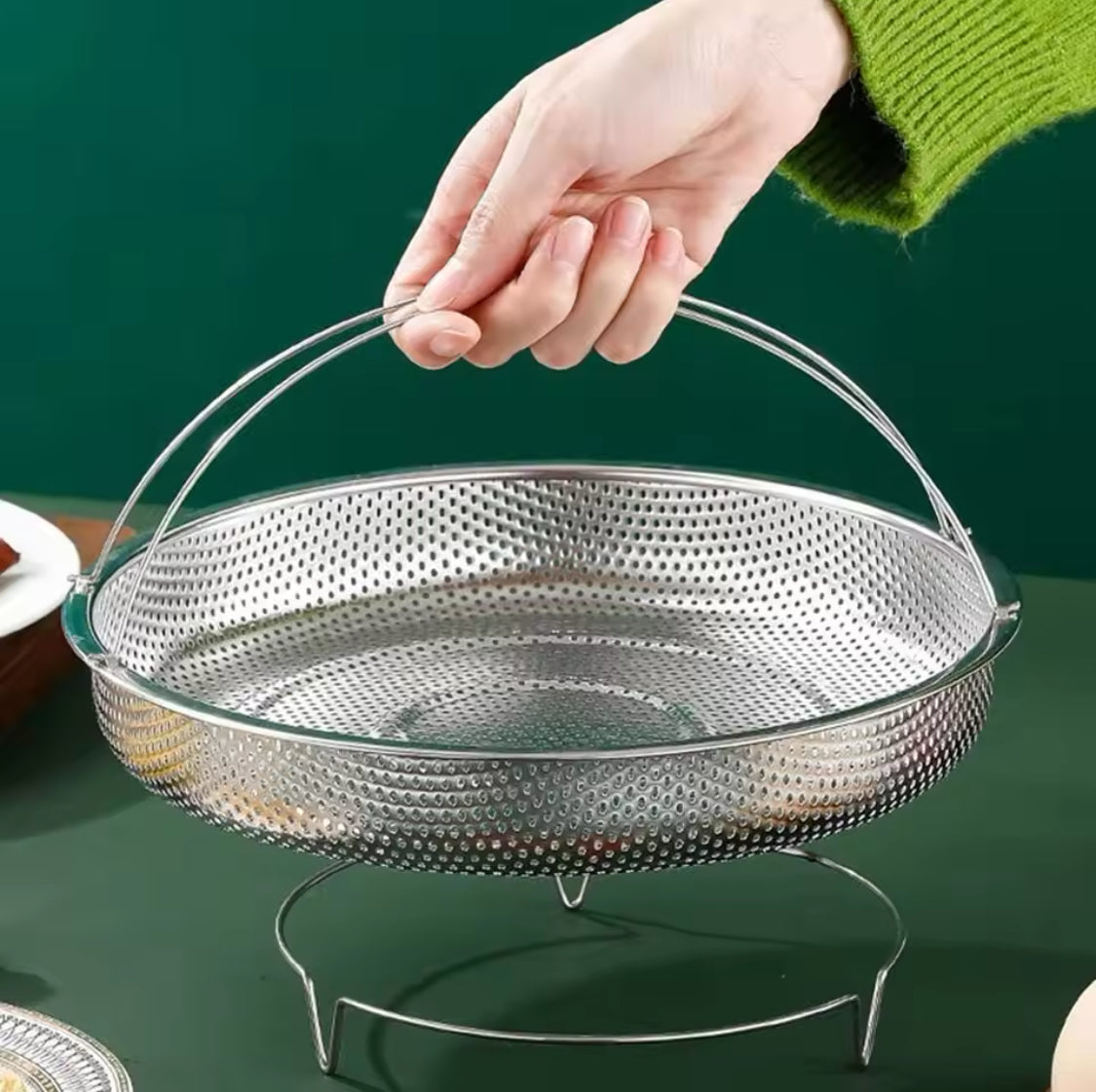 Stainless Steel Food Steamer With Handle, Multifunctional Fruit Washing Strainer With Detachable Stand, Pressure Cooker Steamer Basket, Reusable Kitchen Accessories