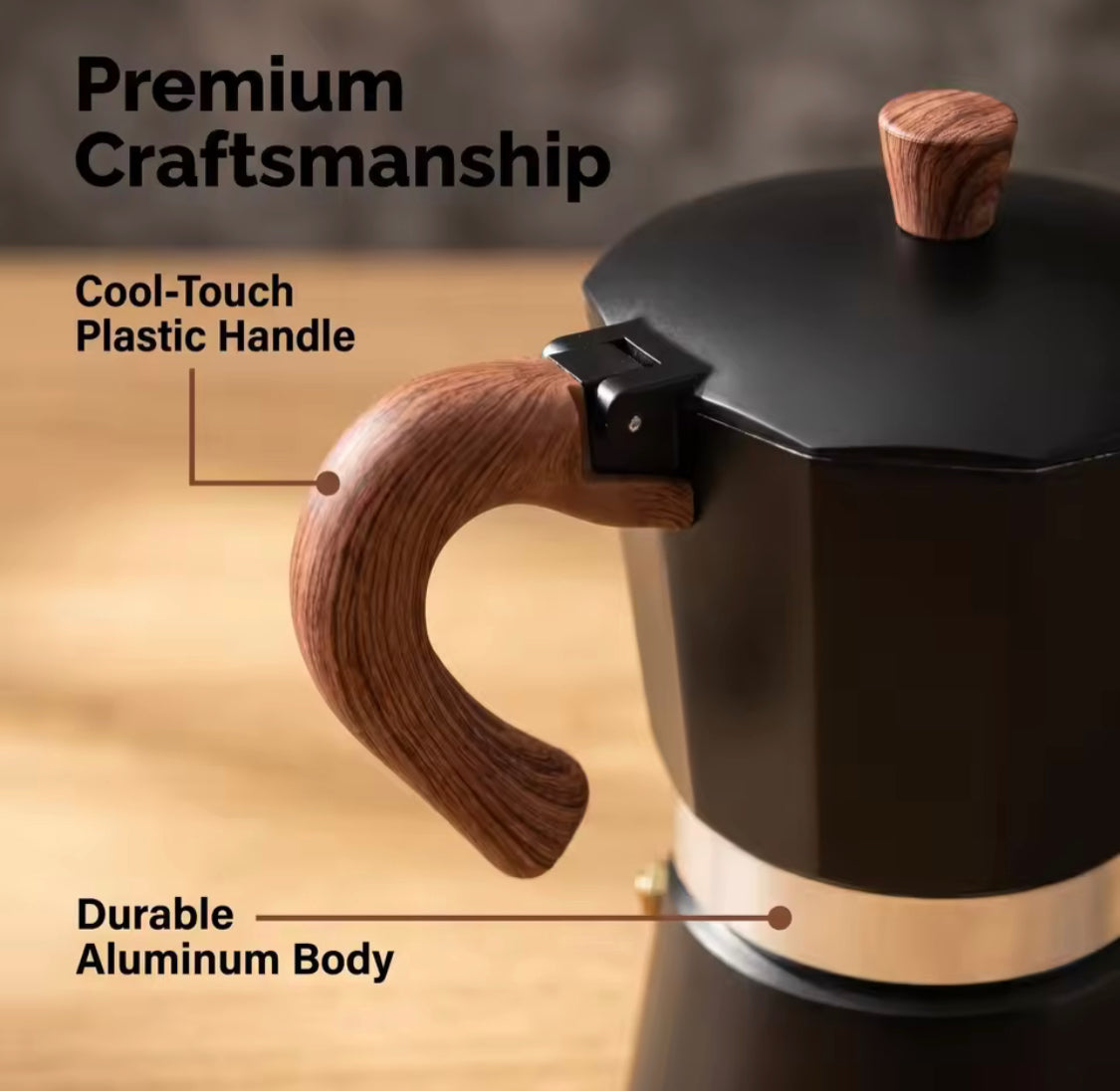 Manual Espresso Coffee Maker With Wooden Handle, Italian Espresso Brewer, Durable Mocha Maker Pot