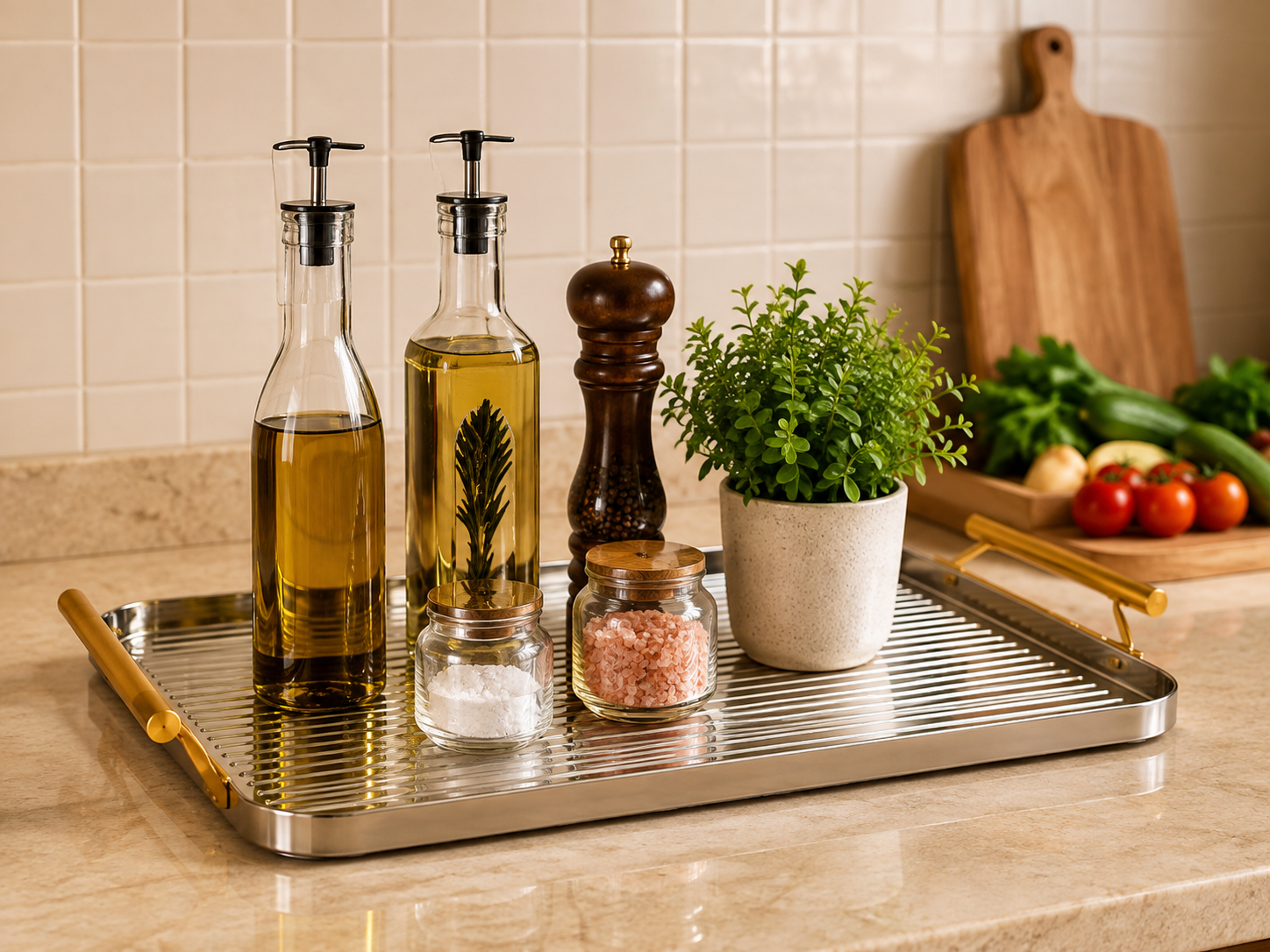 Stainless Steel Serving Tray with Gold Handles, Multipurpose Serving Tray, Elegant Rectangular Serving Tray with Gold Handles, Countertop Organizer & Serving Tray