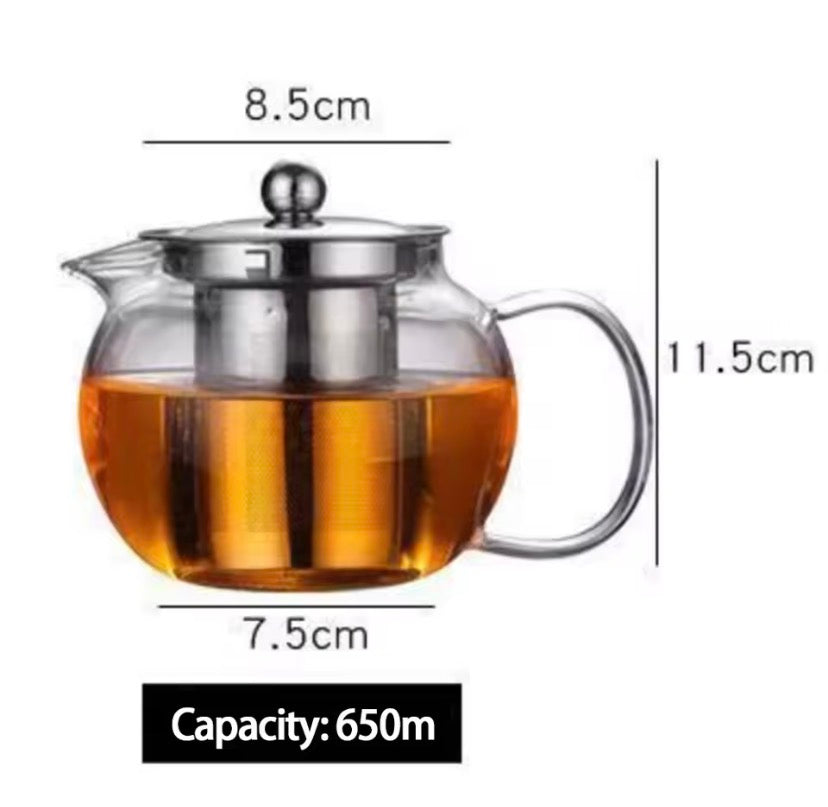 Glass Teapot with Stainless Steel Infuser, Double Wall Glass Tea Infuser Pot, Round Glass Tea Brewing Pot, Transparent Glass Tea Kettle