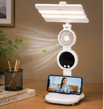 3 In 1 LED Fan With Desk Lamp, Rechargeable LED Desk Lamp with Fan, Portable LED Reading Lamp, Multifunctional Desk Lamp with Phone Holder