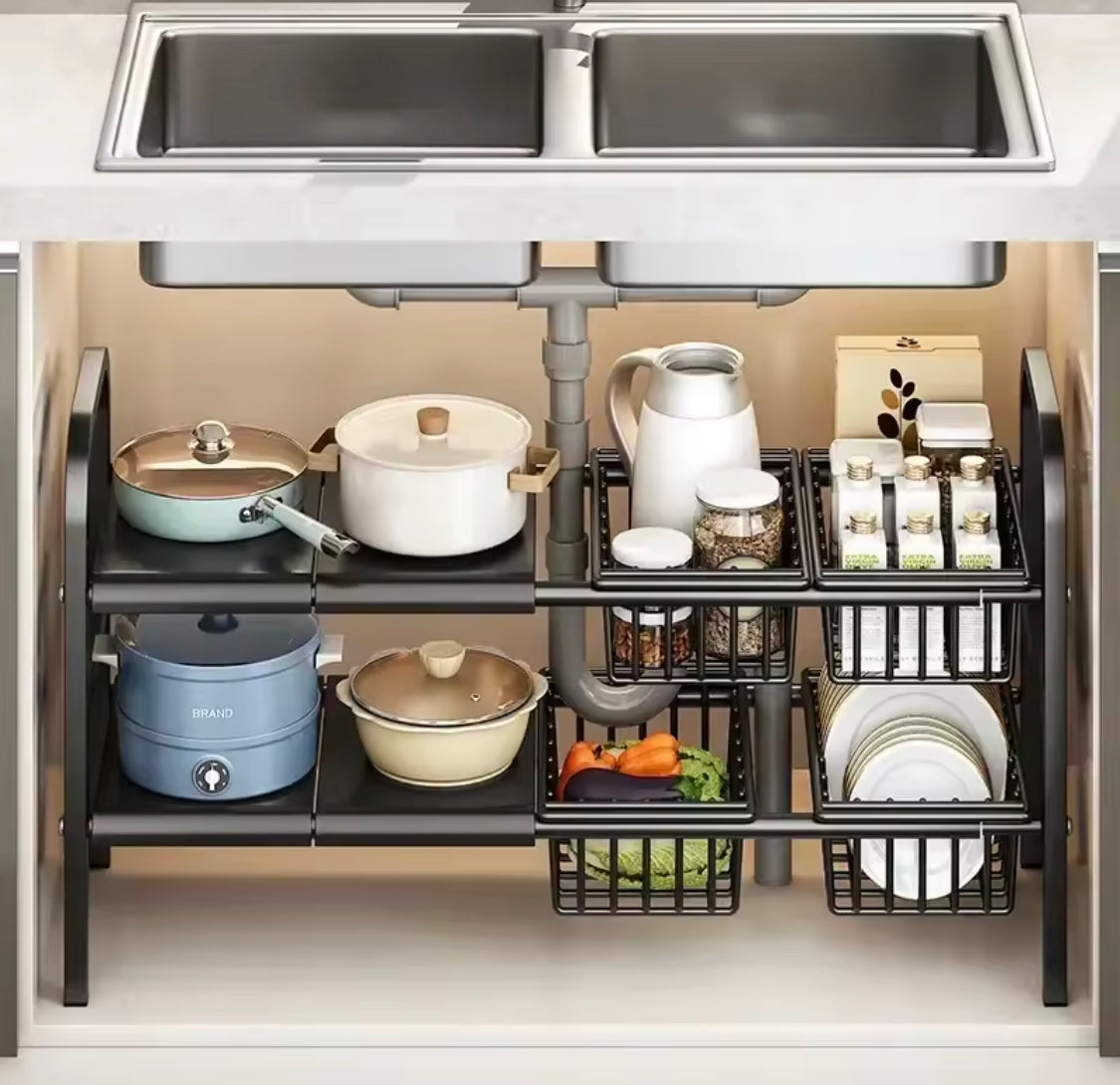 2 Tier Under Sink Organizer, Expandable Cabinet Shelf, Kitchen Under Sink Adjustable Dish Rack, Multifunctional Kitchen Organizer