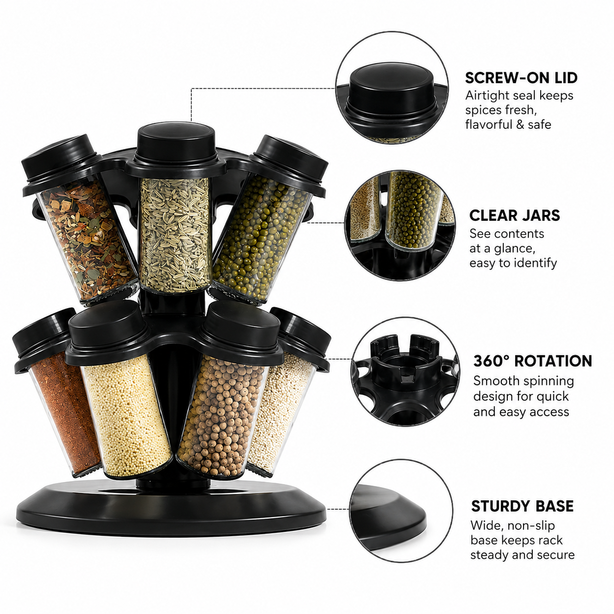 360° Rotating Spice Carousel withSeasoning Jars, Salt Shaker, Kitchen Organizers, 360° Revolving Masala Rack