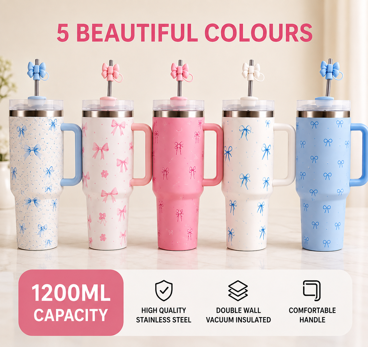 1200ml Bow Design Insulated Tumbler, Cute Bow Print Stainless Steel Tumbler, Cute Girly Bow Print Thermal Cup, Bow Pattern Thermal Travel Mug