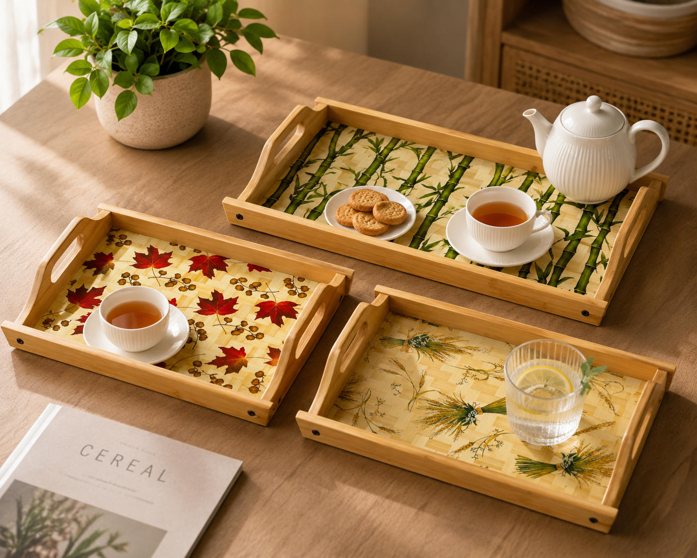 3Pcs Bamboo Serving Trays with Handles, Multipurpose Bamboo Serving Tray Set, Classic Bamboo Tray Collection, Bamboo Kitchen & Serving Tray Set