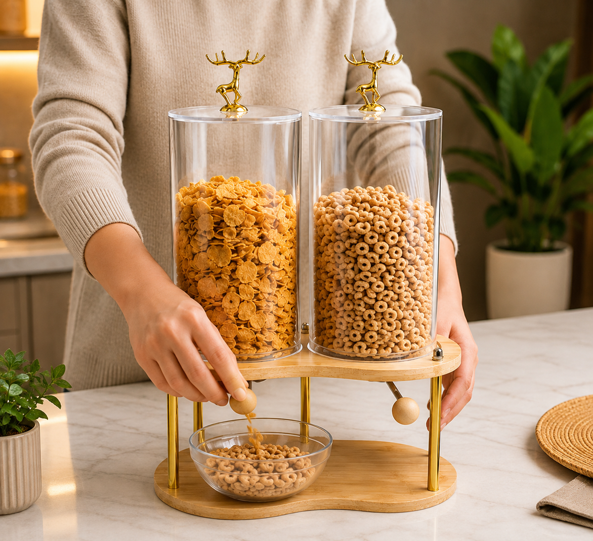Tabletop Breakfast Cereal Organizer, Royal Deer Cereal Serving Station, Wooden Stand Corn Flakes Dispenser, Elegant Deer Cereal Dispenser