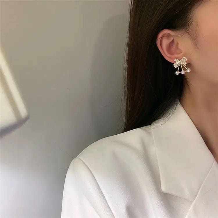 Bowknot Pearl Stud Earrings For Women, Bowknot Ear Jacket Earrings, Simulated Pearl Drop Earrings, Vintage Wedding Earrings