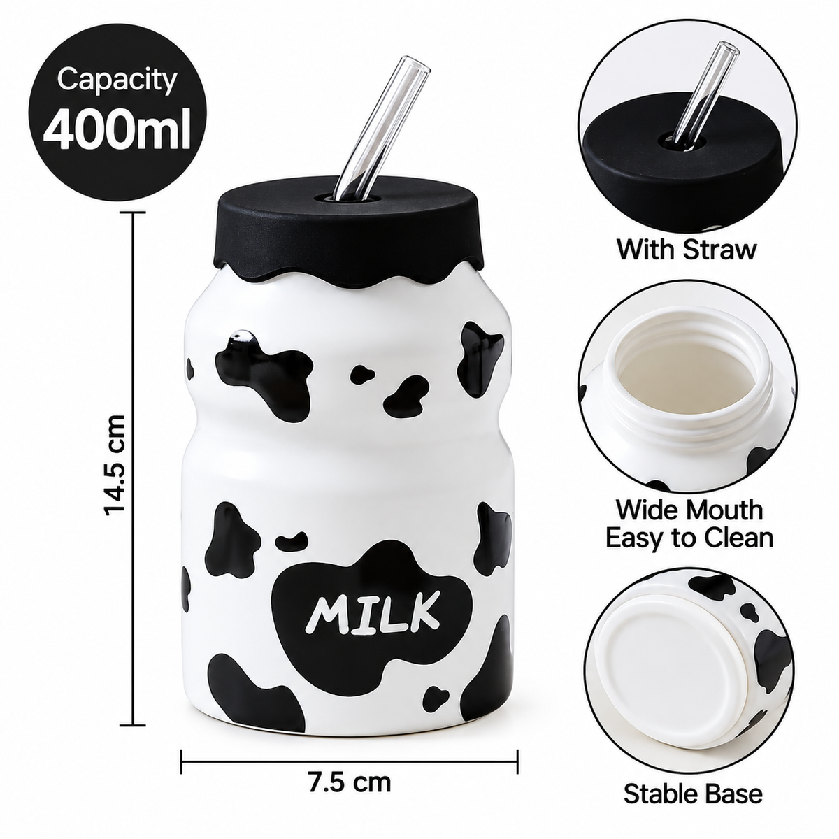 Korean Style Cow Pattern Ceramic Tumbler with Straw, Adorable Cow Print Water Bottle, 400ml Cow Print Drinking Cup