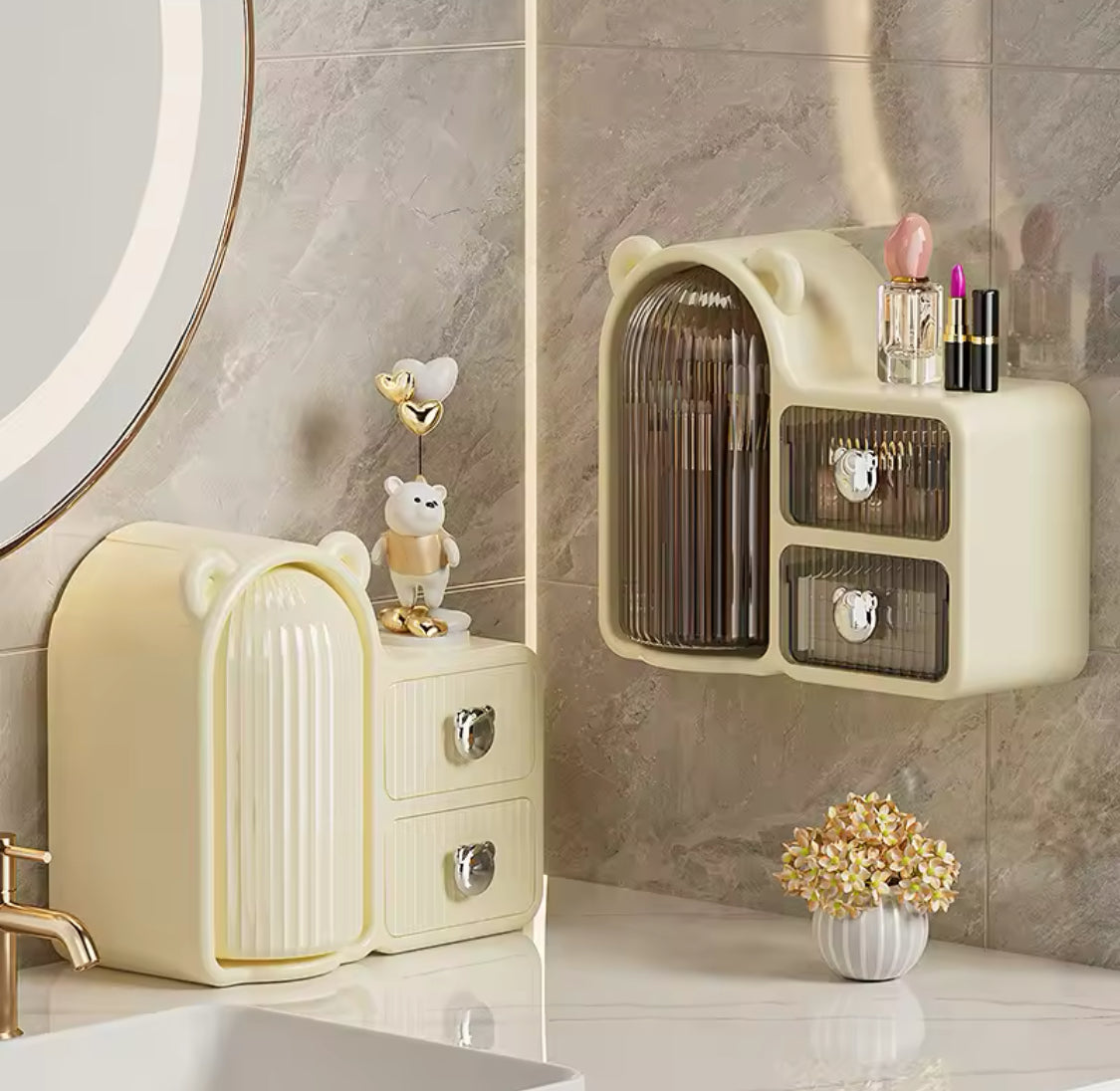 Rotating Desktop Bear Shape Storage Box, Desktop Organizer With 2 Drawers, Makeup Brush Holder, Dressing Table Storage Box