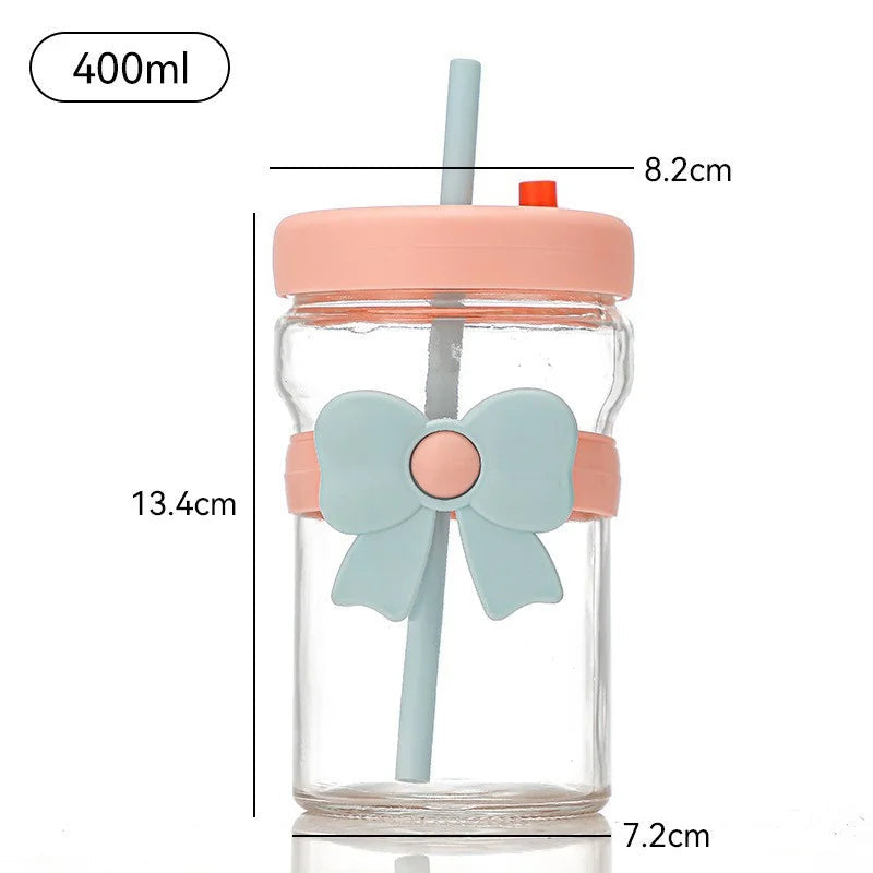 Bow Glass Cup with Straw, Party Beverage Cup, Portable Glass Water Cup with Straw Lid, Elegant Cute Transparent Mug