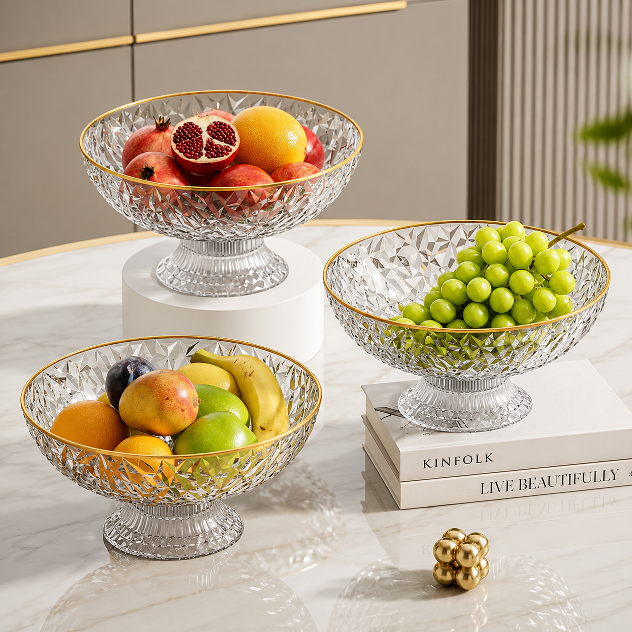 Luxury Fruit Bowl with Gold Rim, Elegant Crystal Pedestal Fruit Serving Bowl, Multipurpose Diamond Cut Fruit Bowl with Gold Edge, Decorative Crystal Centerpiece Bowl