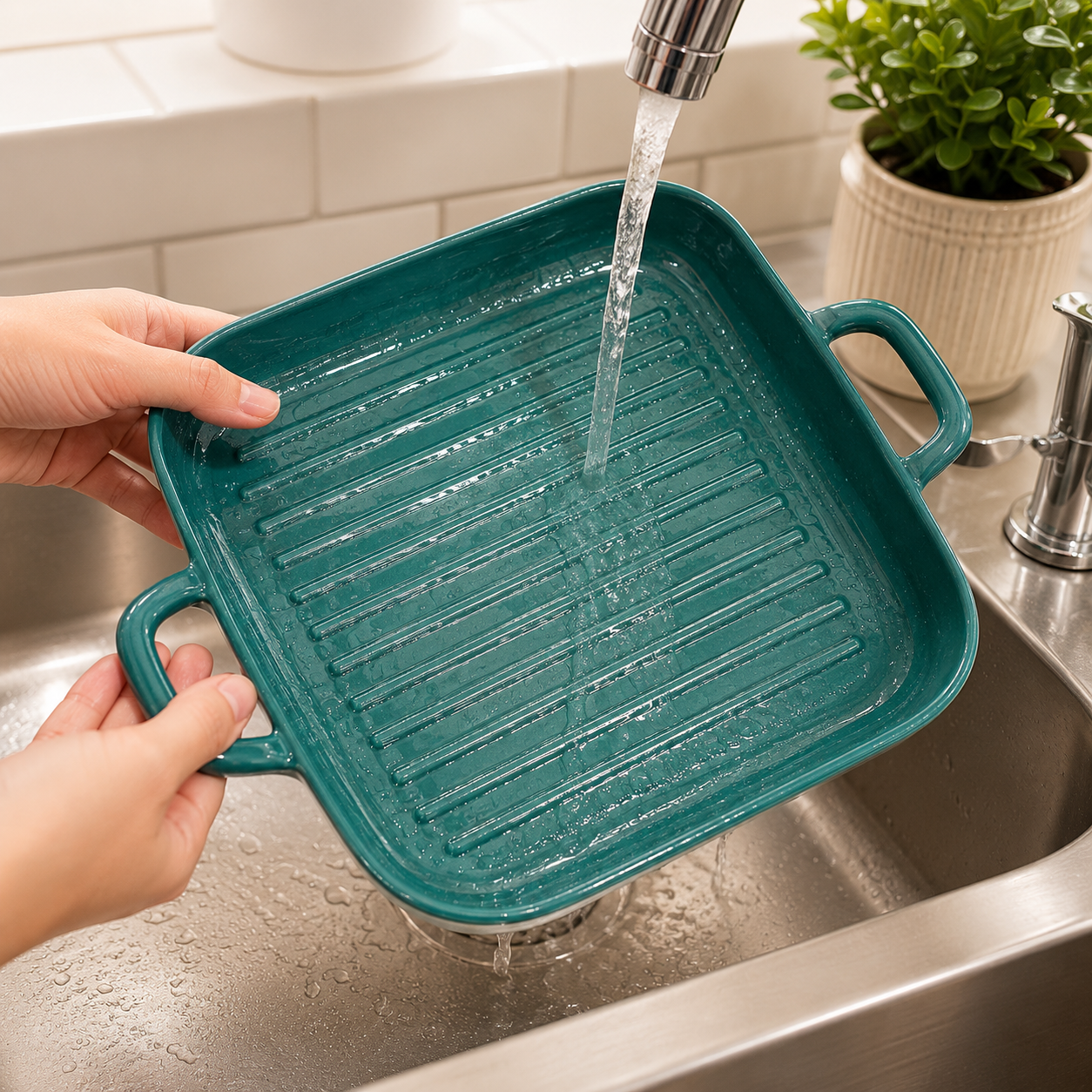 Non Stick Ceramic Roasting And Baking Tray, Deep Ceramic Baking Dish with Side Handles, Heavy Duty Ceramic Baking Tray with Raised Grill Ridges