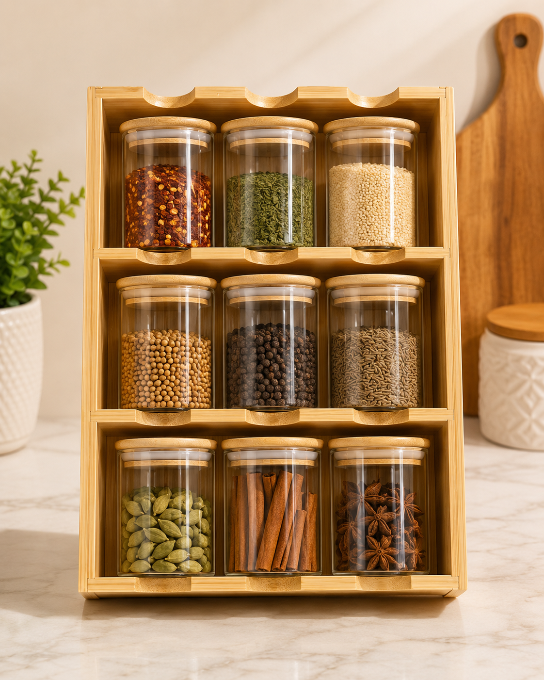 Bamboo Spice Holder Jars, Premium Bamboo Masala Jar Organizer, Wooden Spice Rack With Glass Containers