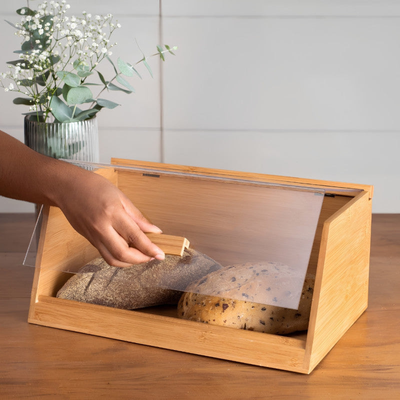 Wooden Bread Keeper with Acrylic Lid, Wooden Countertop Bread Organizer, Kitchen Bread Storage Cabinet with Transparent Door