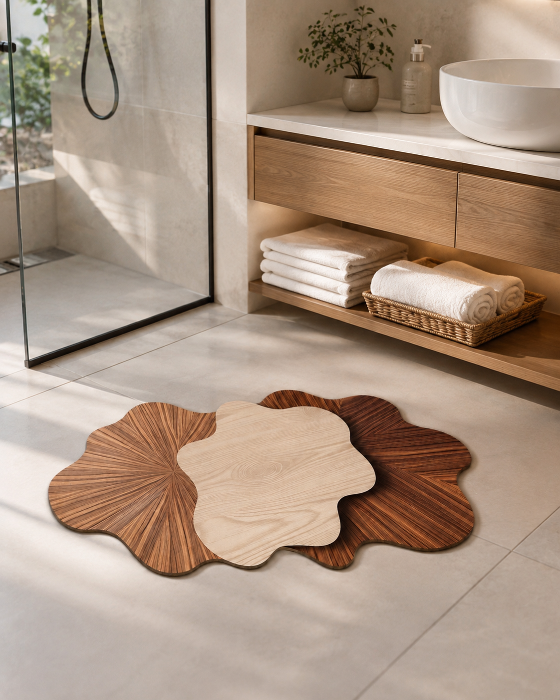 Wooden Floral Design Bathroom Floor Mat, Elegant Layered Flower Floor Mat, Decorative Wooden Flower Bath Mat