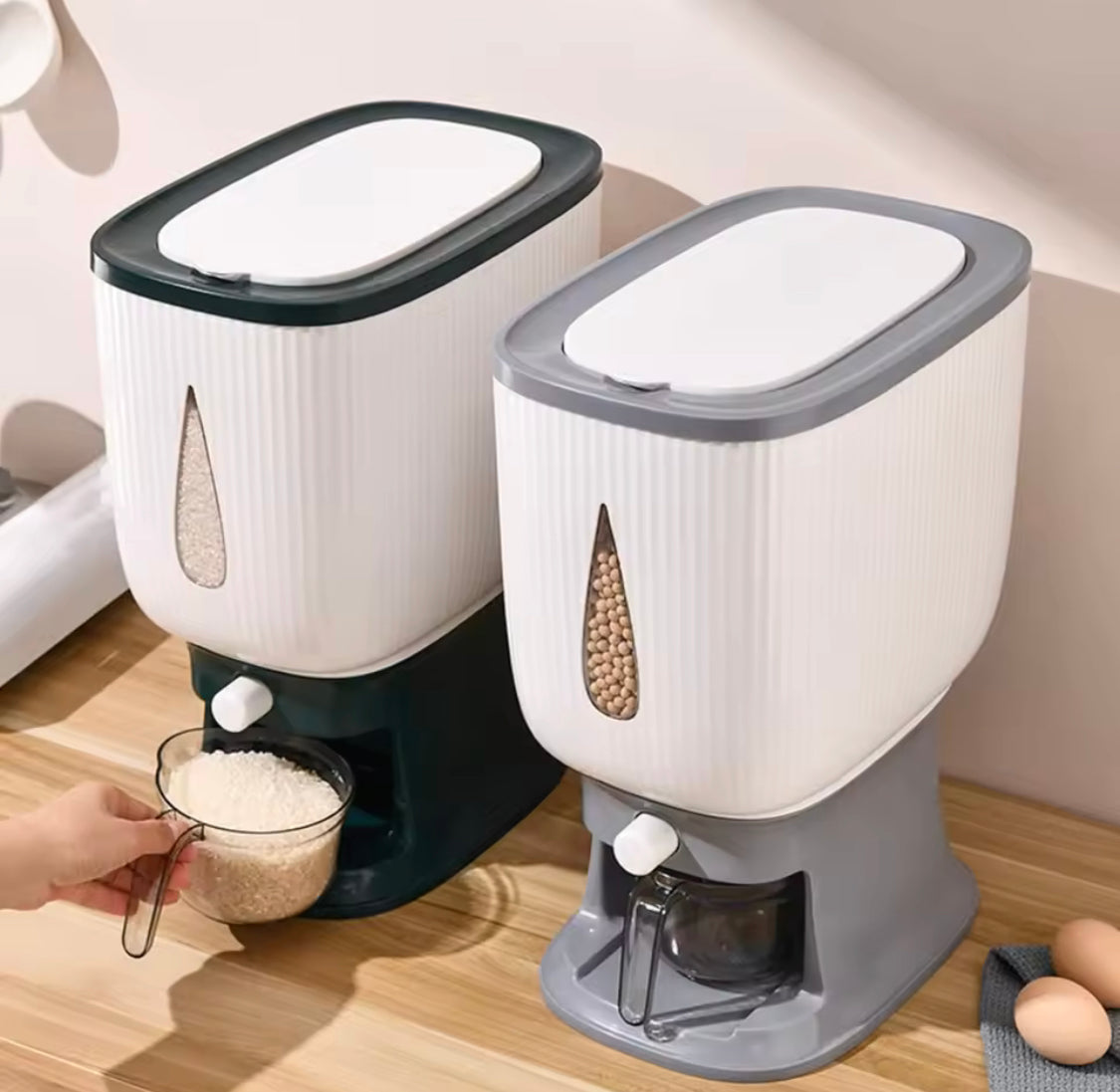 10KG Cereal Dispenser Bucket with Measuring Cup, Moisture Proof Rice Dispenser,