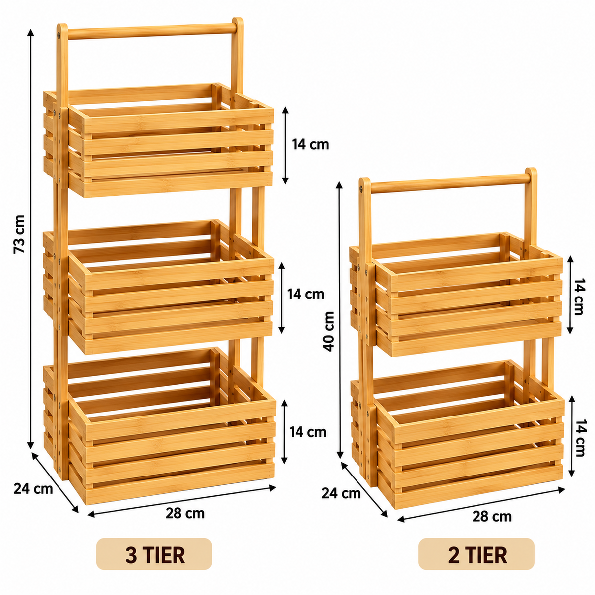 Multi Tier Bamboo Storage Basket, Wooden Kitchen Fruit & Vegetable Rack with Handle, Wooden Slatted Storage Basket Stand, Multi Tier Bamboo Kitchen Organizer