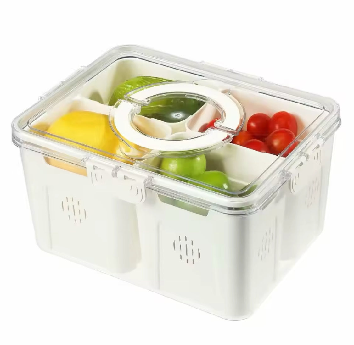 Acrylic 4 Grid Vegetable Storage Box With Handle, Transparent Refrigerator Box, Multi Compartments Fruit Storage Container