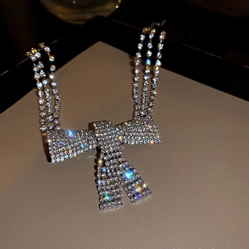 Shiny Crystal Bowknot Necklace, Long Tassel Rhinestone Necklaces, Luxurious Bowknot Pendant Necklace, Sparking Crystal Pave Bowknot Pendant, 3D Bowknot Pendant Necklace Jewellery