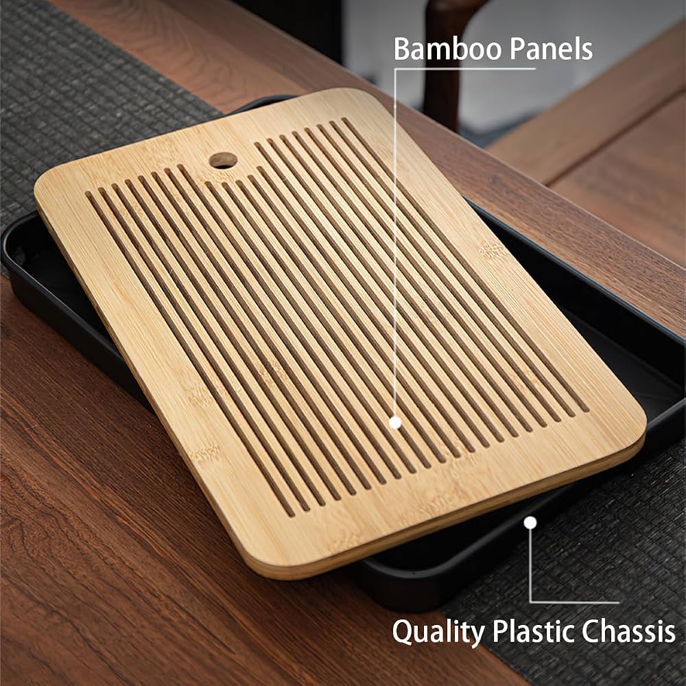 Wooden Kitchen Dish Drying Rack with Water Tray, Wooden Dish Drainer with Removable Water Tray, Bamboo Style Dish Drying Tray