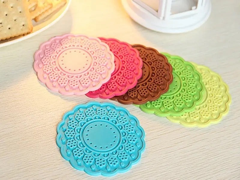 6pcs Semi-Transparent Candy Color Cup Mat, Mat Lace Cup, Creative Nonslip Cup Pad