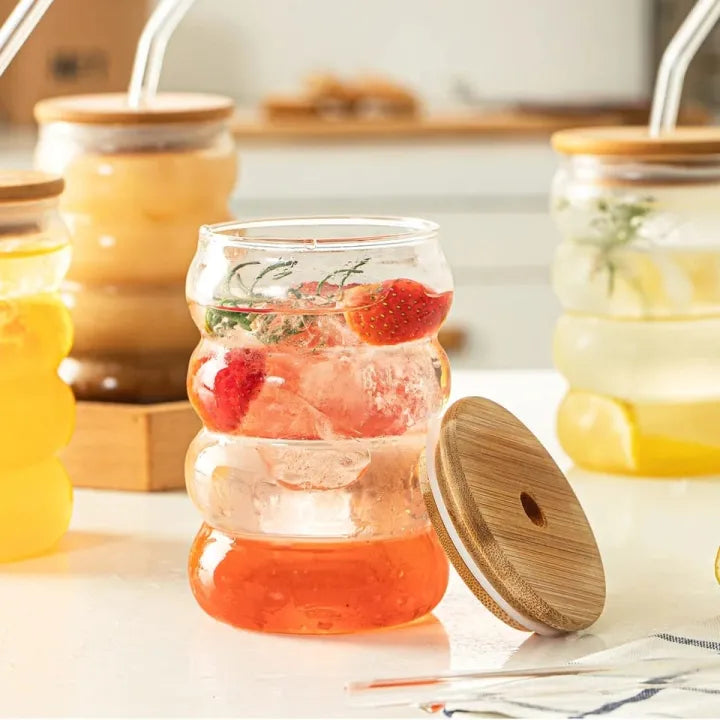 Bubble Glass Tumbler with Lid and Straw, Iced Coffee Mug With Straw With Wooden Lid, Drinking Cup With Lid And Straw