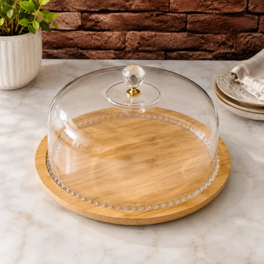 Transparent Cake Display Dome with Wooden Stand, Round Glass Food Display Cover, Decorative Glass Cloche, Food Display Cloche with Wooden Serving Tray
