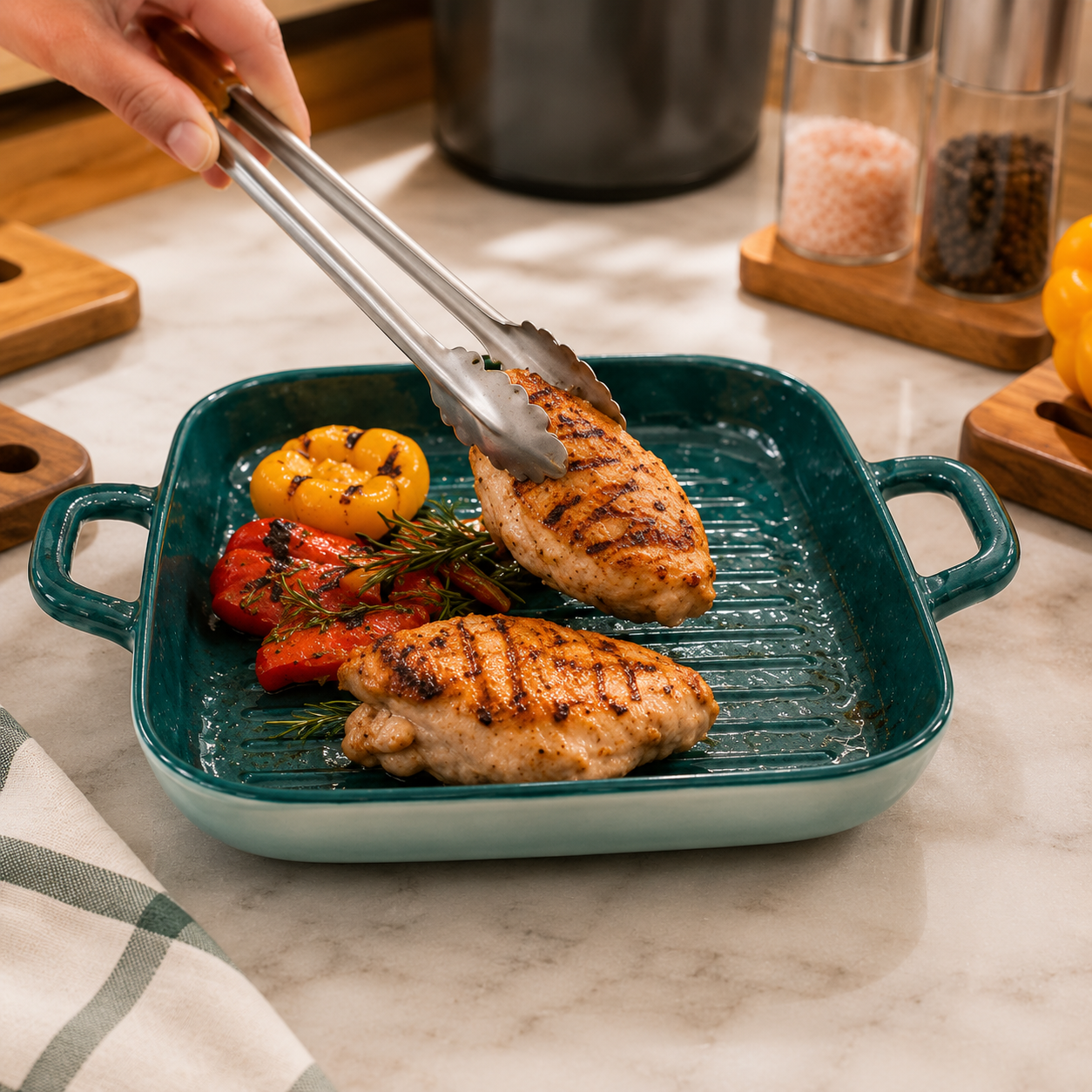 Non Stick Ceramic Roasting And Baking Tray, Deep Ceramic Baking Dish with Side Handles, Heavy Duty Ceramic Baking Tray with Raised Grill Ridges