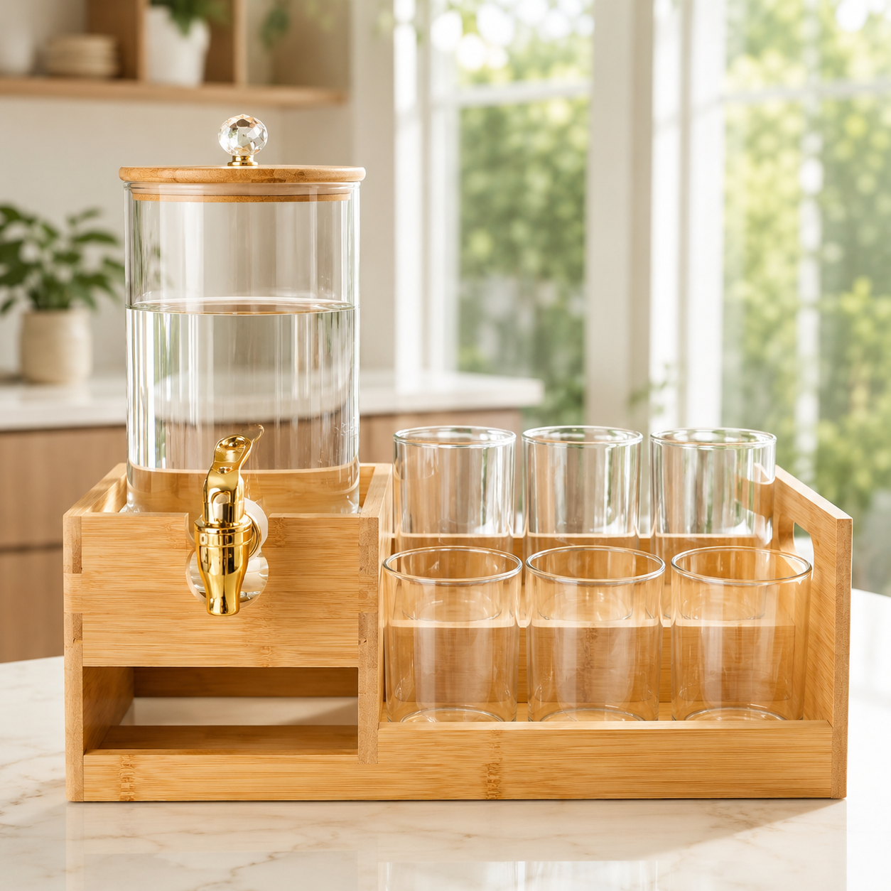 Tabletop Glass Beverage Dispenser with 6 Glass Cups, 2.2 Litres Glass Beverage Dispenser with Bamboo Stand, Bamboo Beverage Dispenser Station with Glasses