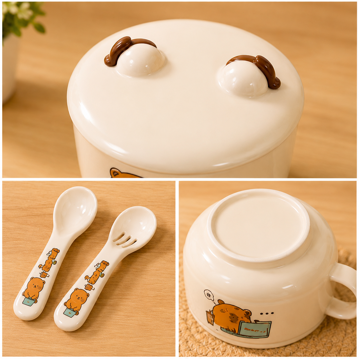 Cute Bear Ceramic Bowl with Spoon Set, Cute Cartoon Kids Mealtime Set, Adorable Kids Feeding Bowl & Spoon, Cute Animal Kids Bowl & Cup Sst