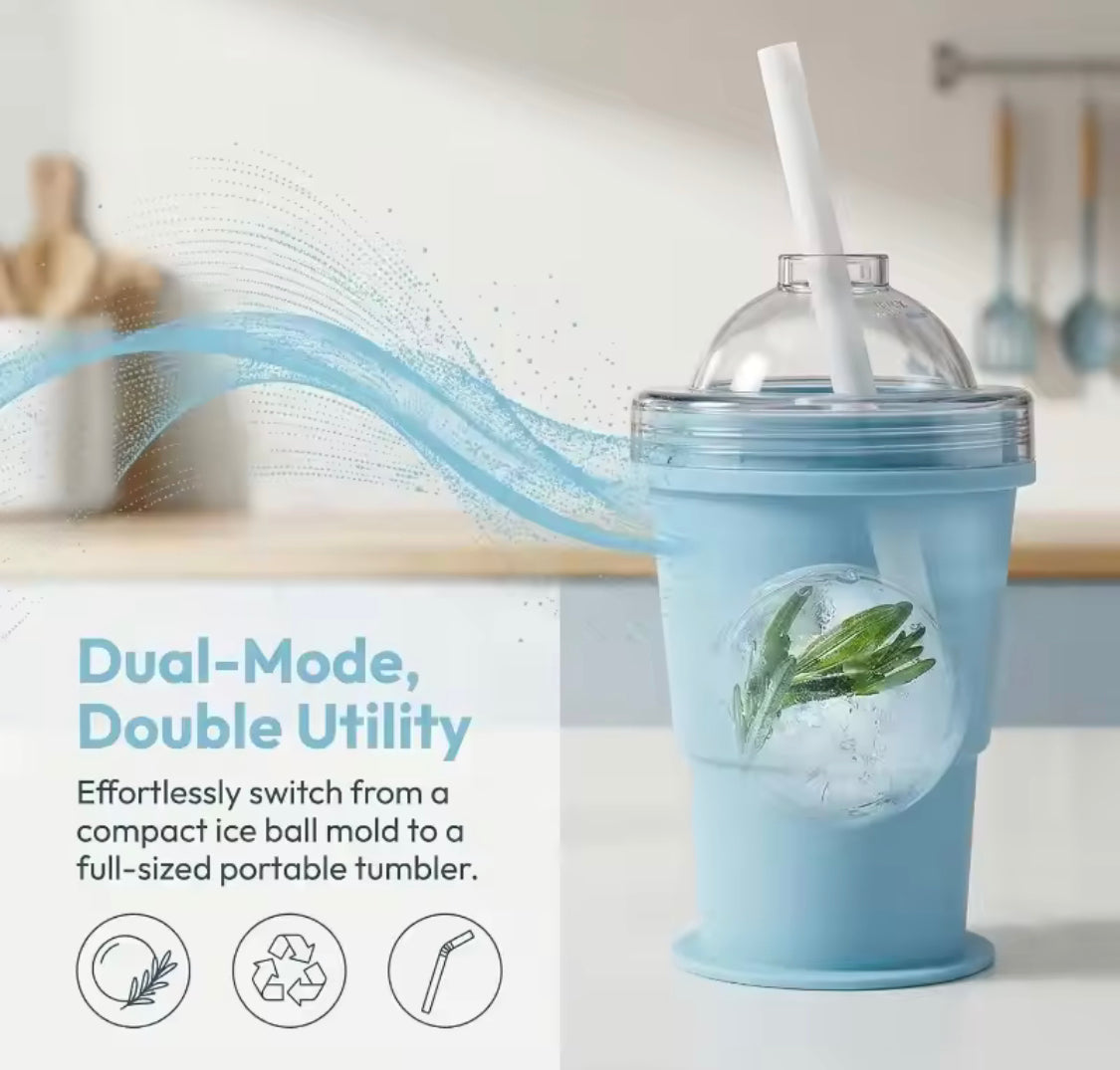 2 In 1 Collapsible Silicone Ice Ball Cup, Reusable Portable Ice Sphere Mold with Straw Lid, Portable Ice Ball Cup