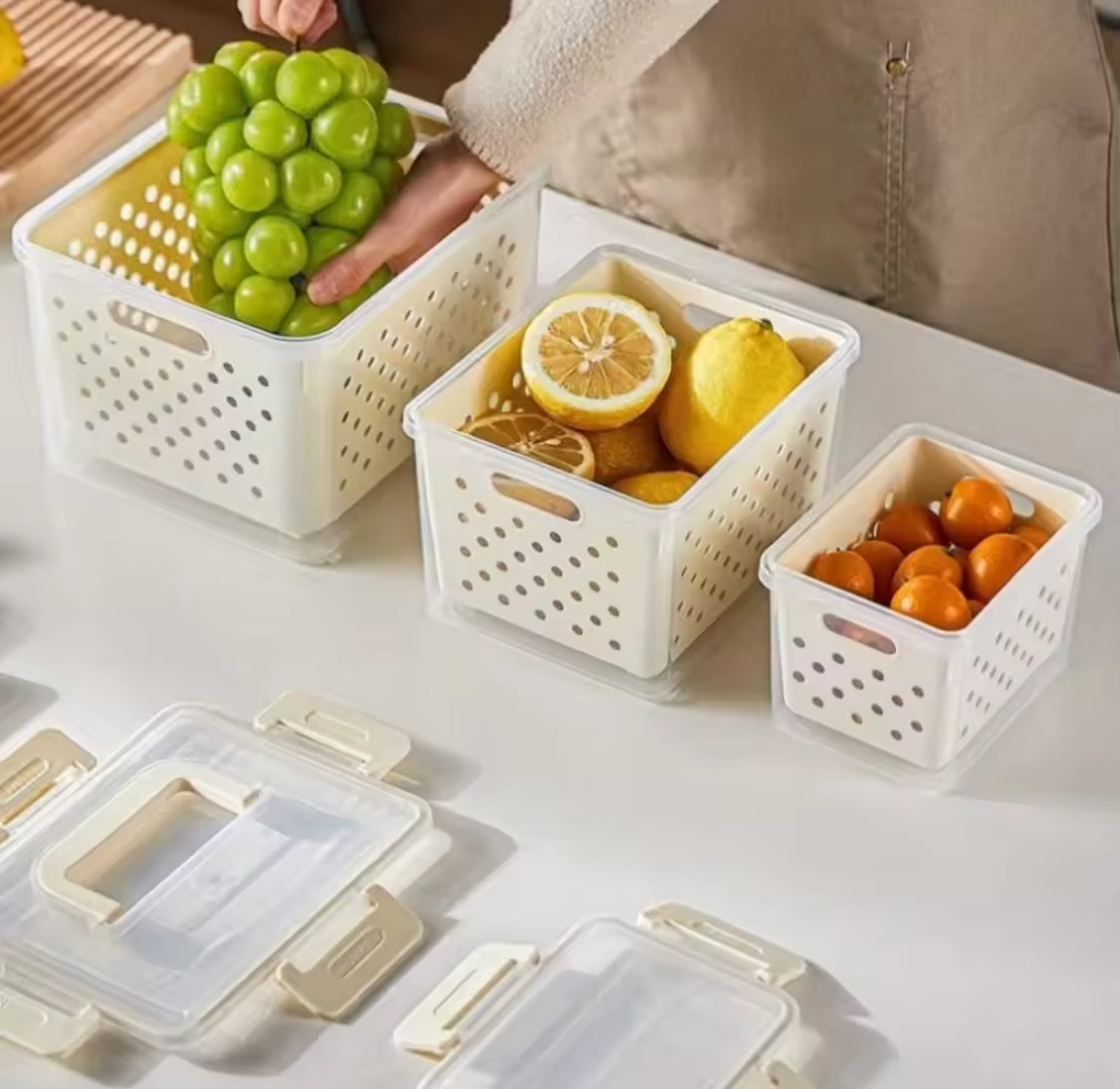 3pcs Refrigerator Organizer Box With Draining Basket, Transparent Refrigerator Food Storage Box, Multi Use Fridge Fruit Vegetable Storage Box