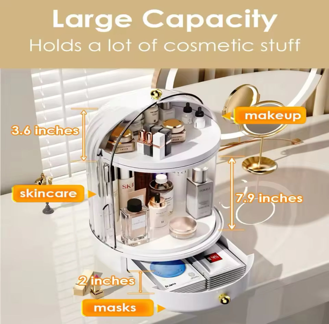 360° Clear Rotating Makeup Organizer, Large Capacity  Storage Display Case, Countertop Cosmetics Storage Vanity Shelf