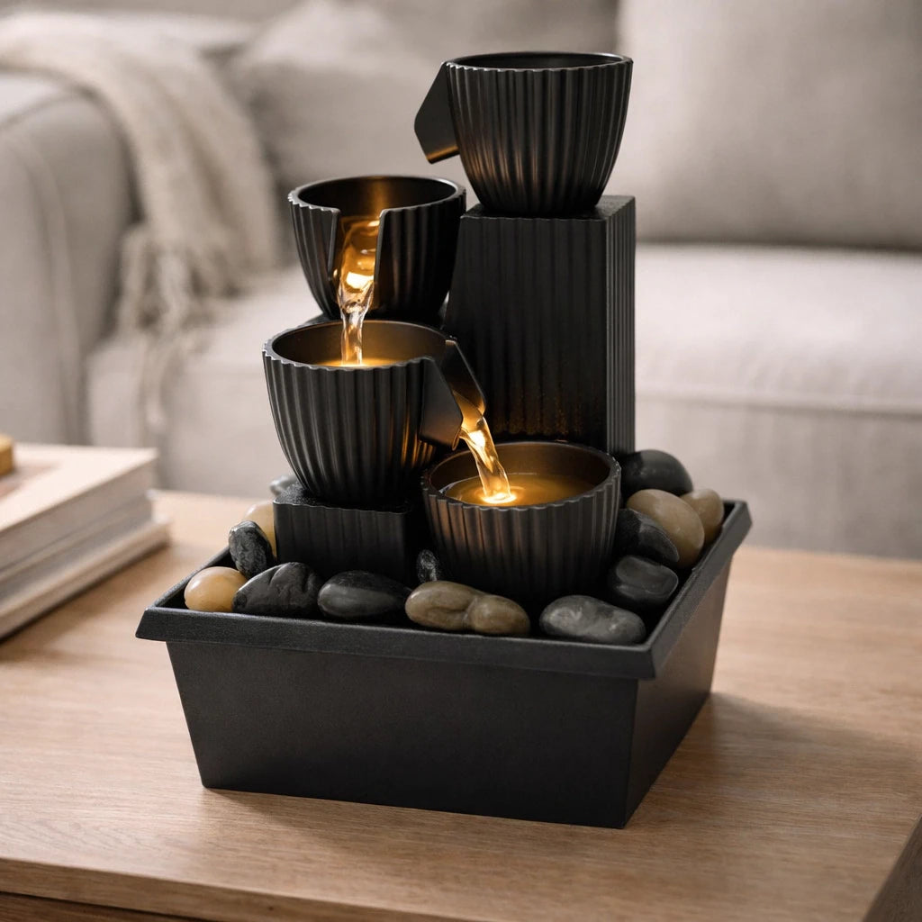 4 Tier Tabletop Decorative Fountain With LED, Electric Water Fountain with Faceted Bowl