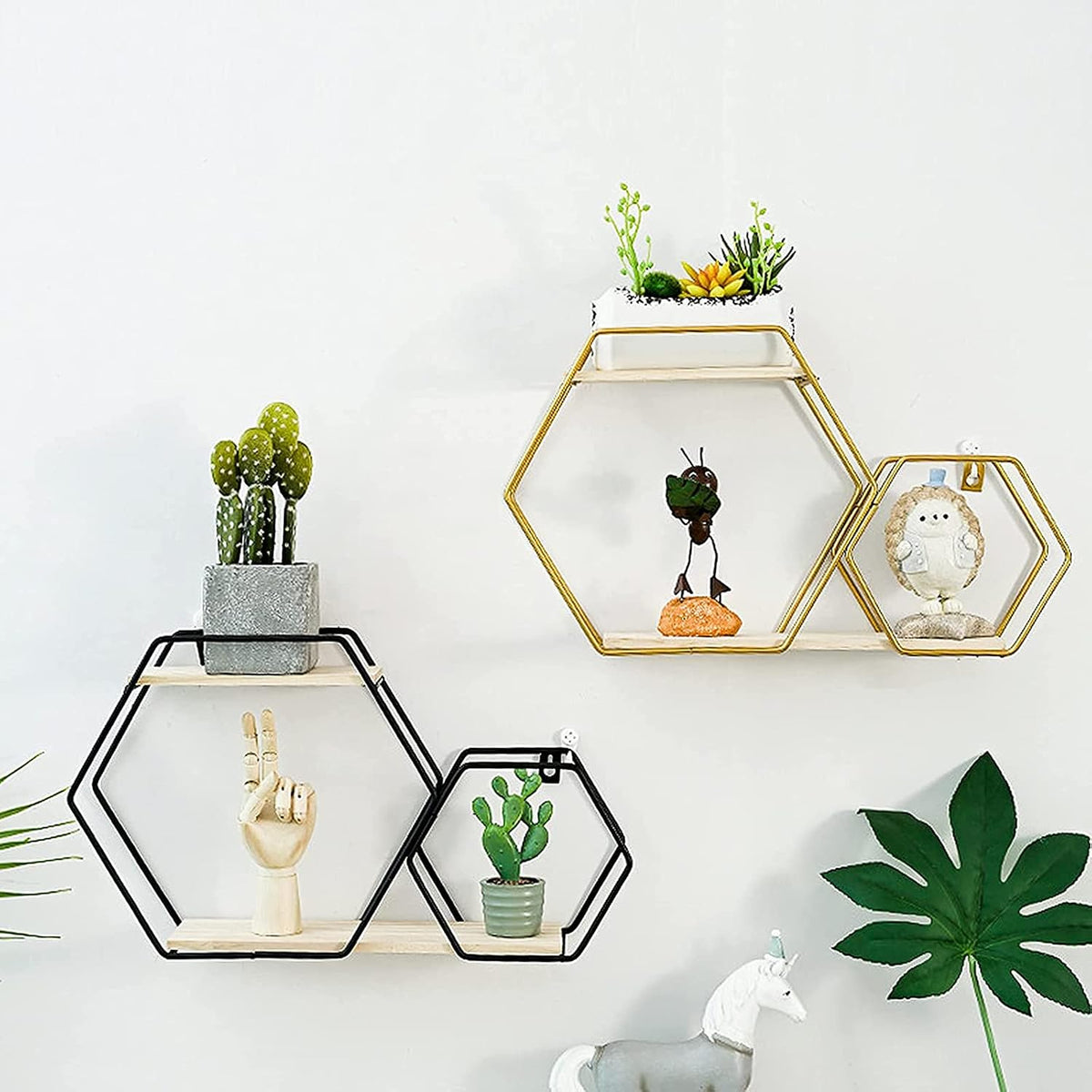 Double Layer Hexagonal Wall Floating Shelf, Nordic Style Hexagon Wall Shelf, Wall Mounted Rack for Books