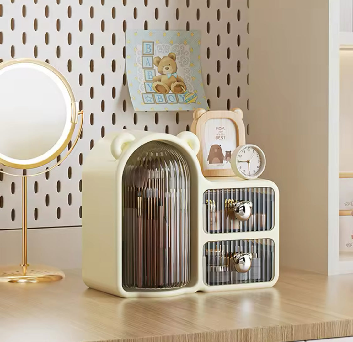 Rotating Desktop Bear Shape Storage Box, Desktop Organizer With 2 Drawers, Makeup And Brushes Organizer, Dressing Table Storage Box