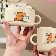 Cute Bear Ceramic Bowl with Spoon Set, Cute Cartoon Kids Mealtime Set, Adorable Kids Feeding Bowl & Spoon, Cute Animal Kids Bowl & Cup Sst