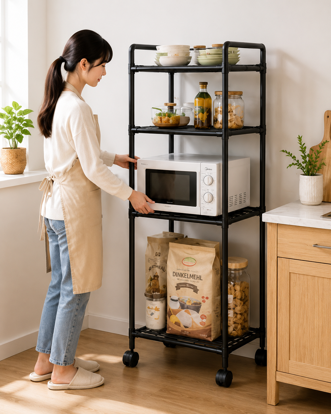 Multi Purpose 5 Tier Storage Shelf with Wheels, Multifunctional Utility Storage Rack, Multi Layers Microwave Oven And Kitchen Organizer