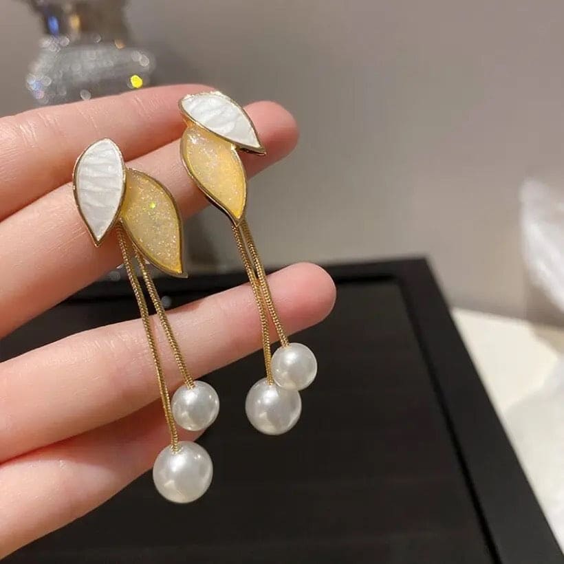 Simulated Pearl Leaf Tassels Earrings, Minimalist Leafy Earrings, Elegant Geometric Hanging Earring, Women Long Tassel Earrings