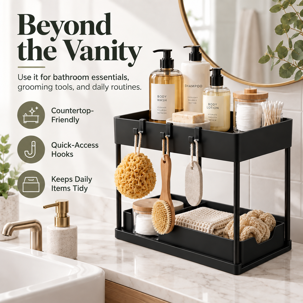 2 Tier Sliding Under Sink Organizer,     Bathroom Countertop Storage Organizer, Multipurpose Kitchen Organizer