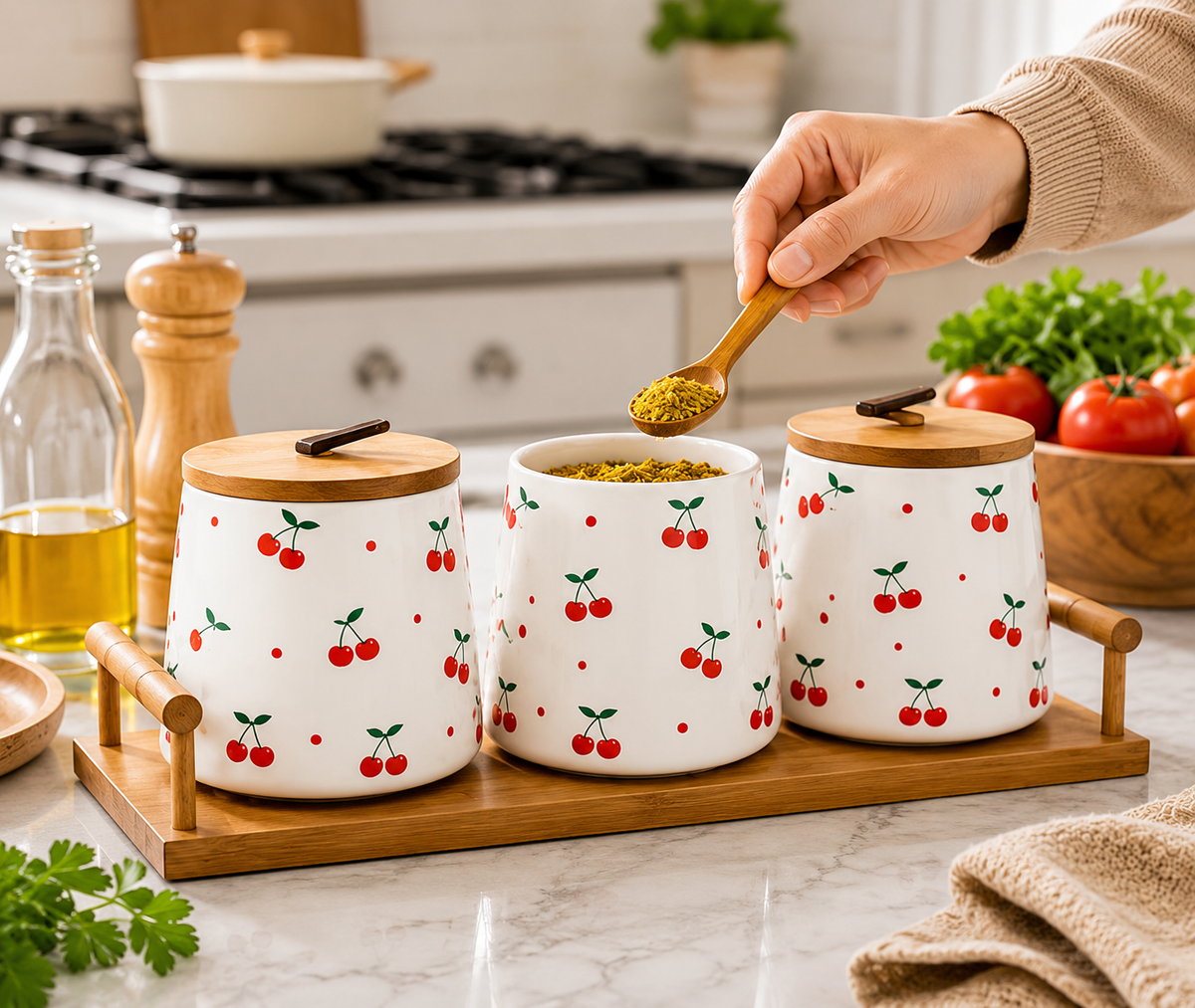 Ceramic Canister Set with Wooden Lid And Tray, Vintage Cherry Dot Canister Set, Ceramic Cherry Canister with Bamboo Lid