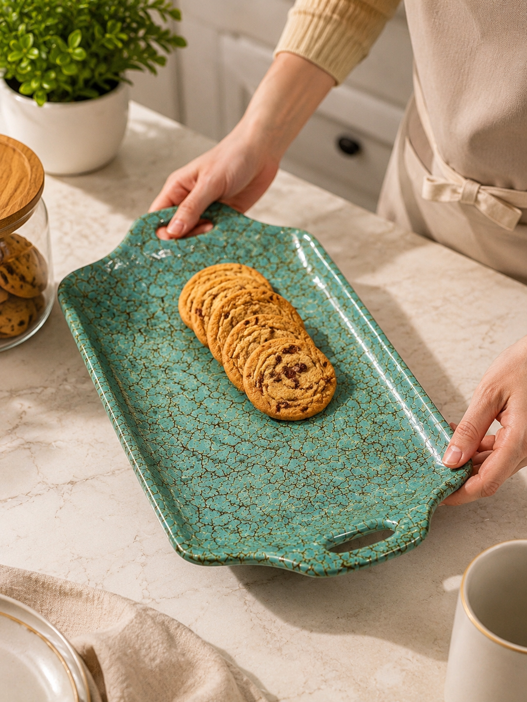 Vintage Crackle Ceramic Serving Platter with Handles, Nordic l Ceramic Serving Plate with Easy Grip Handles, Decorative Ceramic Serving Tray, Premium Ceramic Hosting & Serving Tray