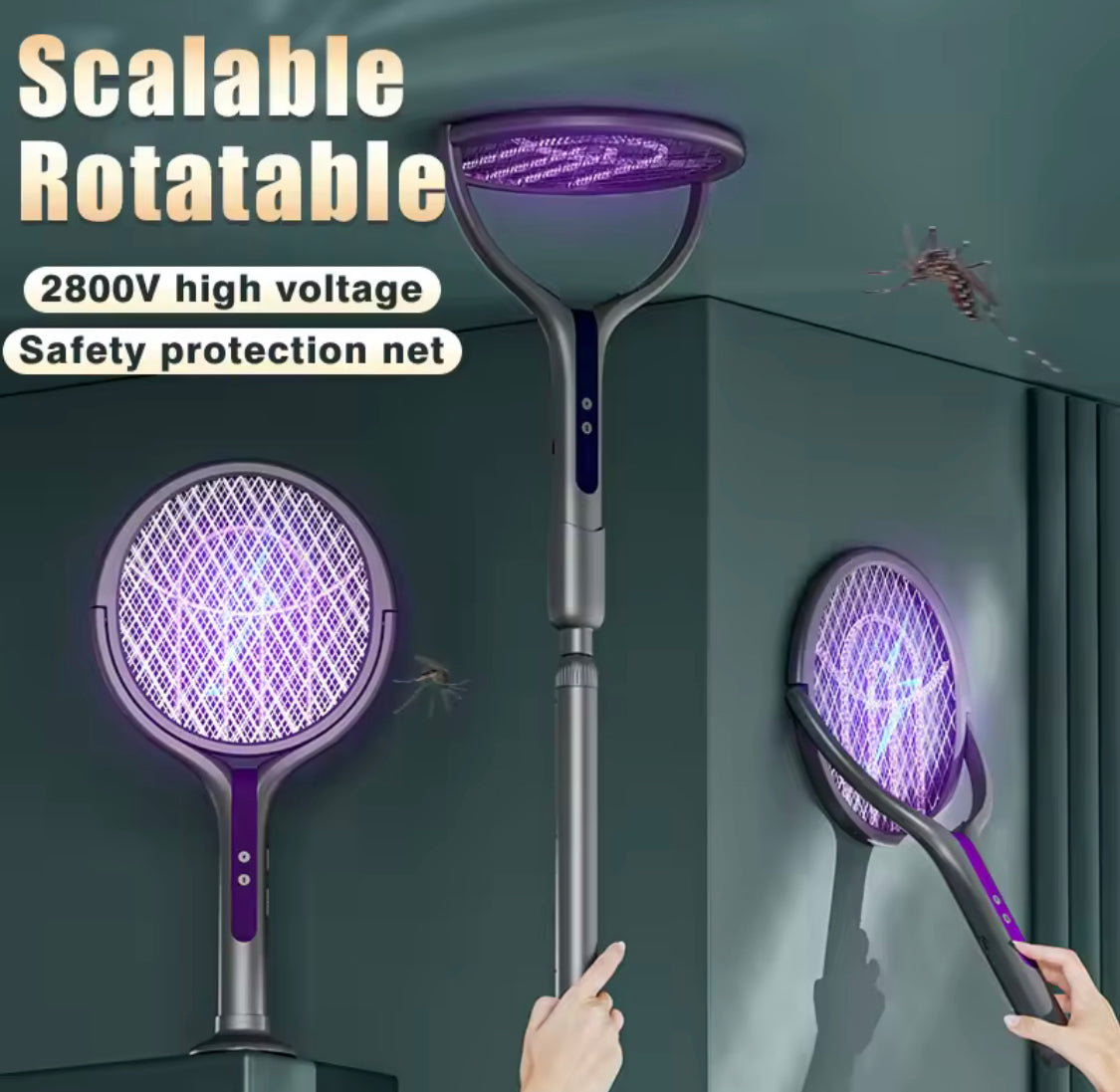 Telescopic Rechargeable Mosquito Swatter Racket, Extendable Head Bug Zapper Racket, Mosquito Trap Lamp, Home Bug Insect Racket, Electric Fly Swatter Racket