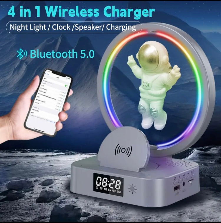 Astronaut Atmosphere Night Light With Bluetooth Speaker, Magnetic Levitation Lamp With Bluetooth Speaker, Wireless Charging Alarm Clock With Night Light