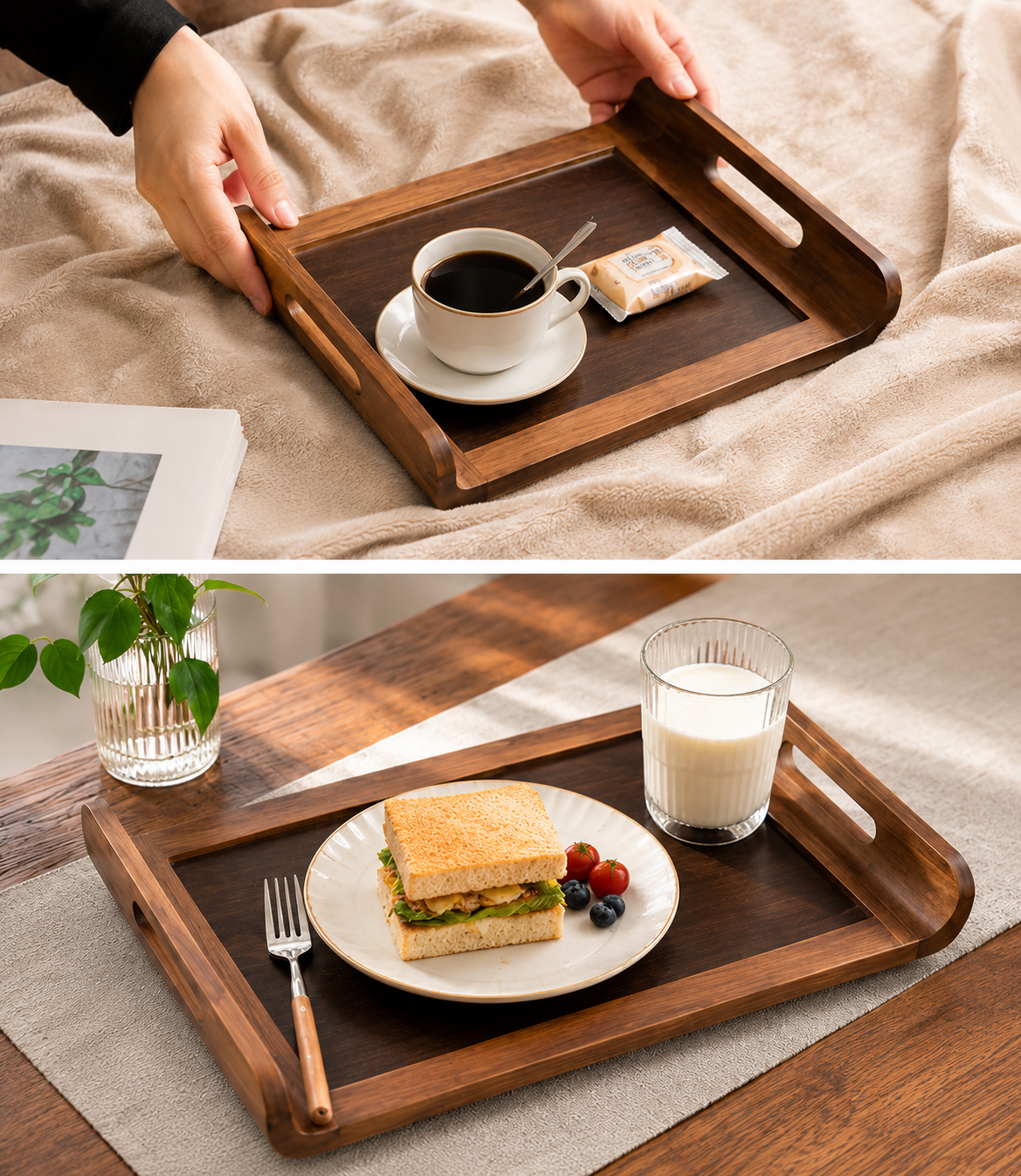 3Pcs Wooden Serving Tray Set with Handle, Multipurpose Wooden Serving Tray Set, Bamboo Style Wooden Serving Tray, Kitchen Serving Tray Set